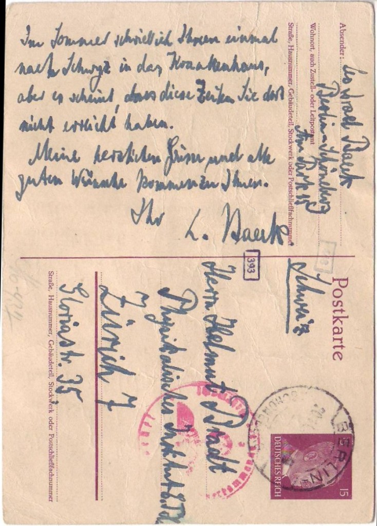 (JUDAICA.) BAECK, LEO. Autograph Letter Signed, twice (L. Baeck and Leo Israel Baeck), on a postcard, to Helmut Bradt, in German,